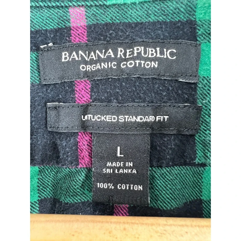 Banana Republic Mens Organic Cotton Green Black Buffalo Plaid Flannel Shirt Sz L